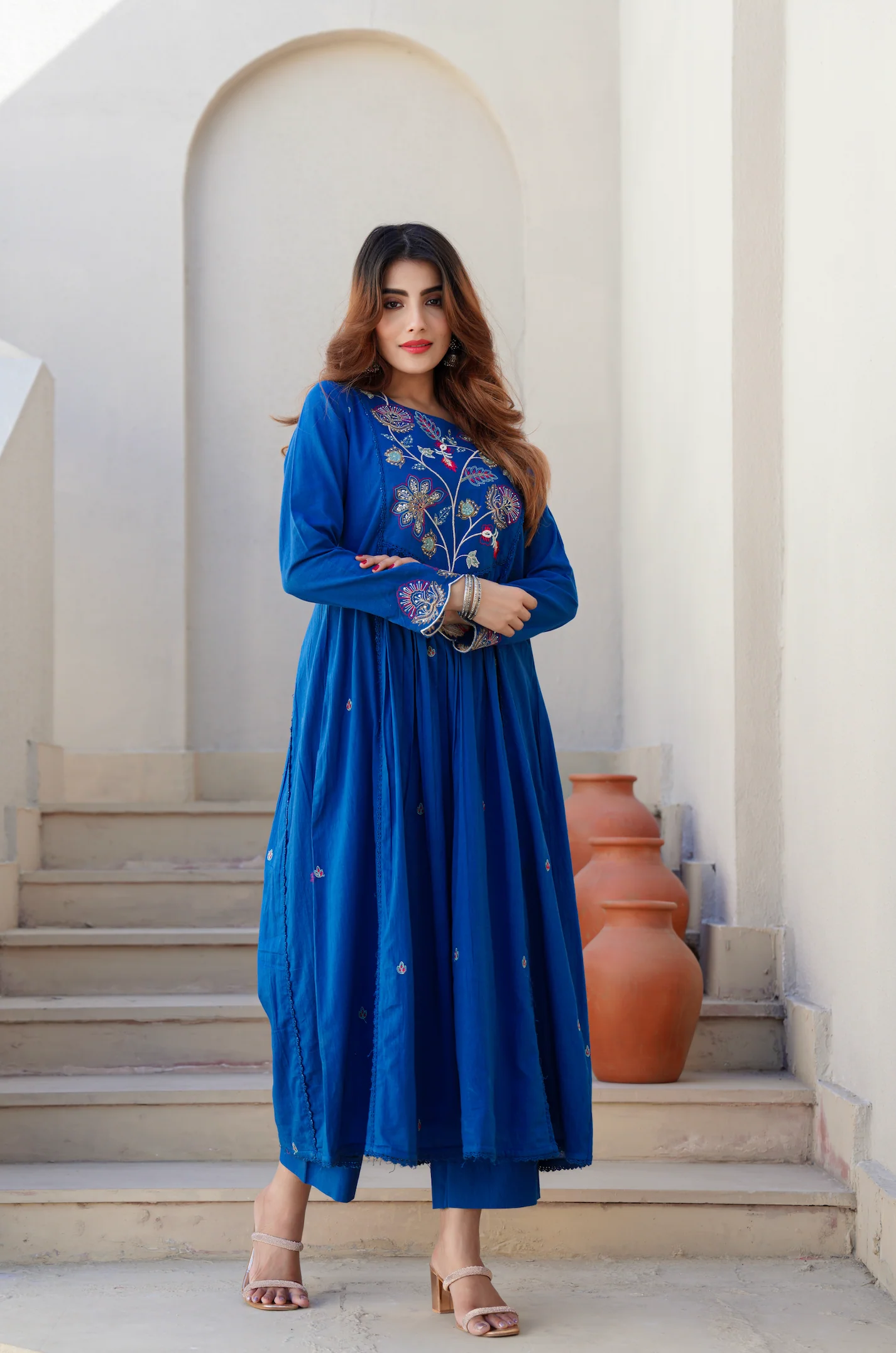 Azure Blue Cotton Embroidered Kurta Suit