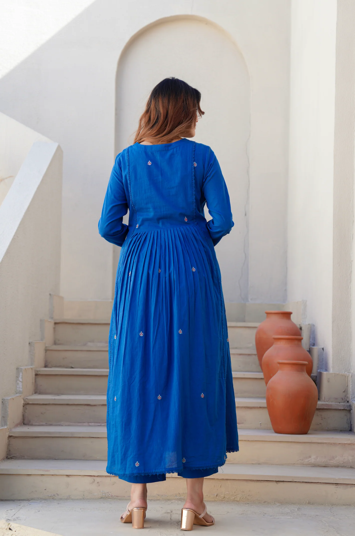 Azure Blue Cotton Embroidered Kurta Suit