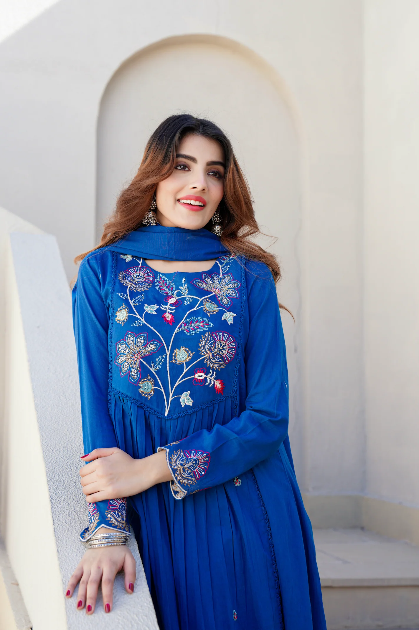 Azure Blue Cotton Embroidered Kurta Suit