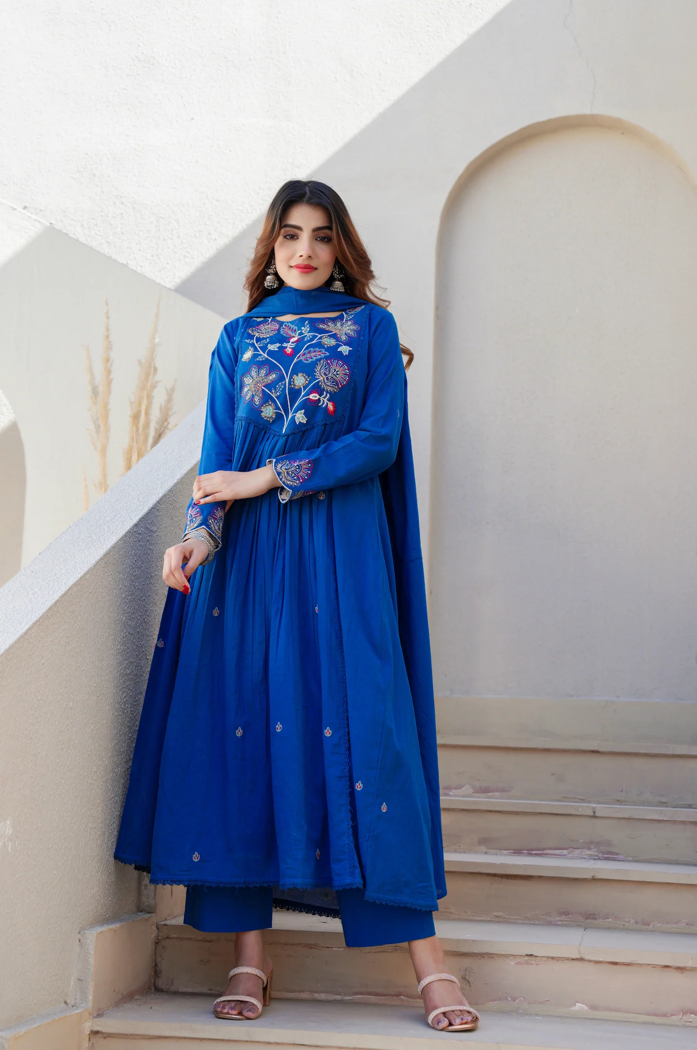 Azure Blue Cotton Embroidered Kurta Suit