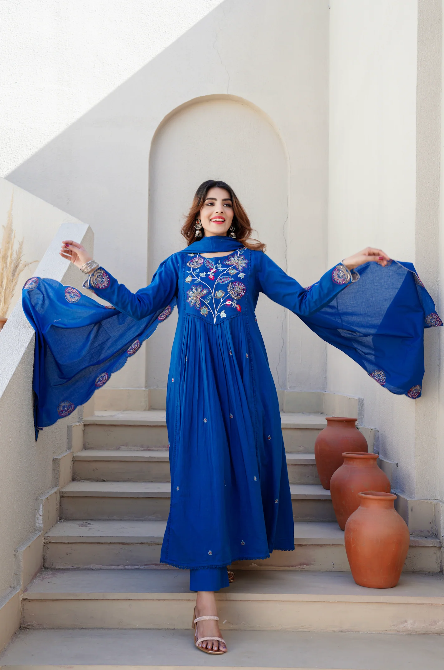 Azure Blue Cotton Embroidered Kurta Suit
