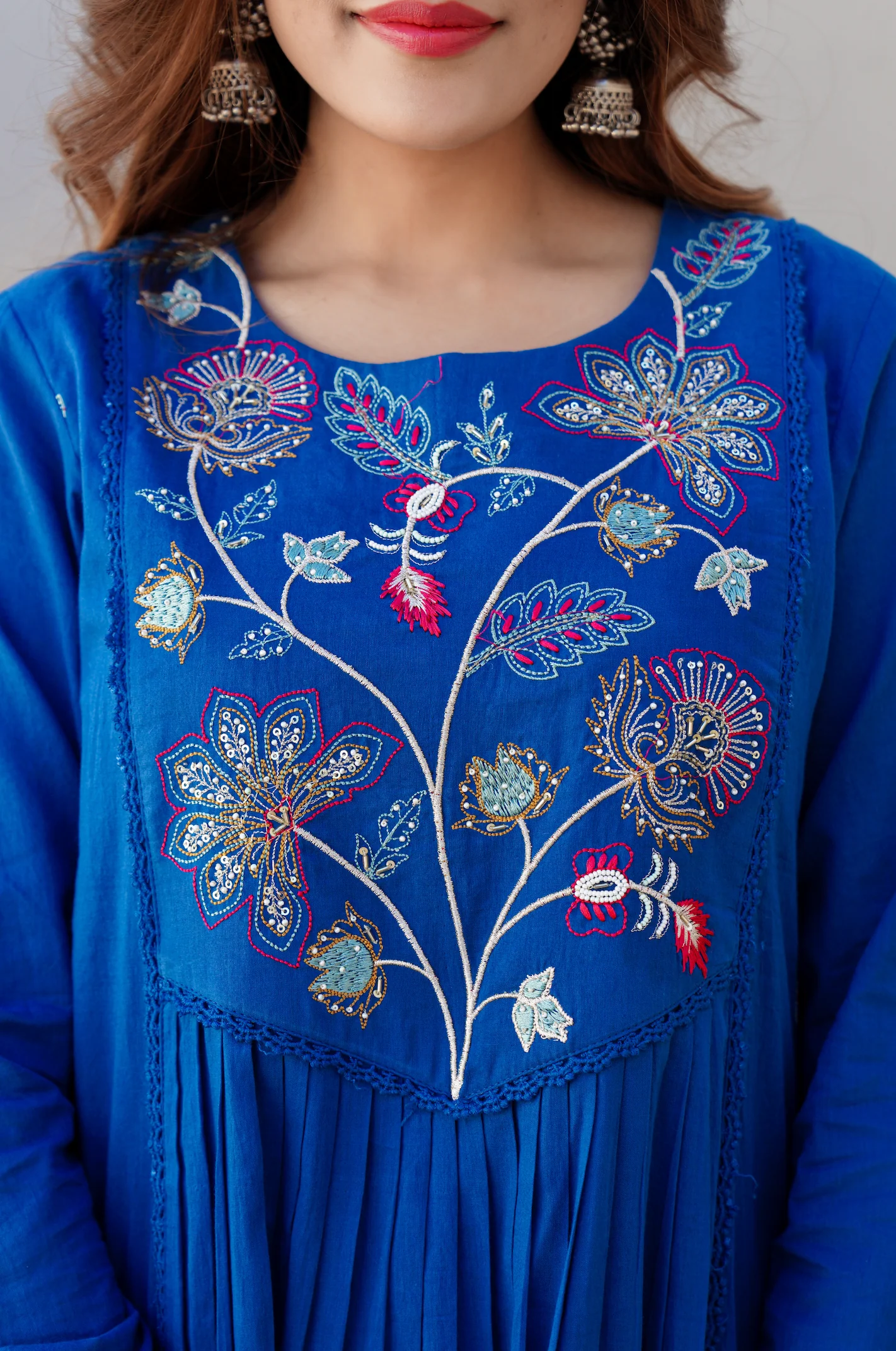 Azure Blue Cotton Embroidered Kurta Suit