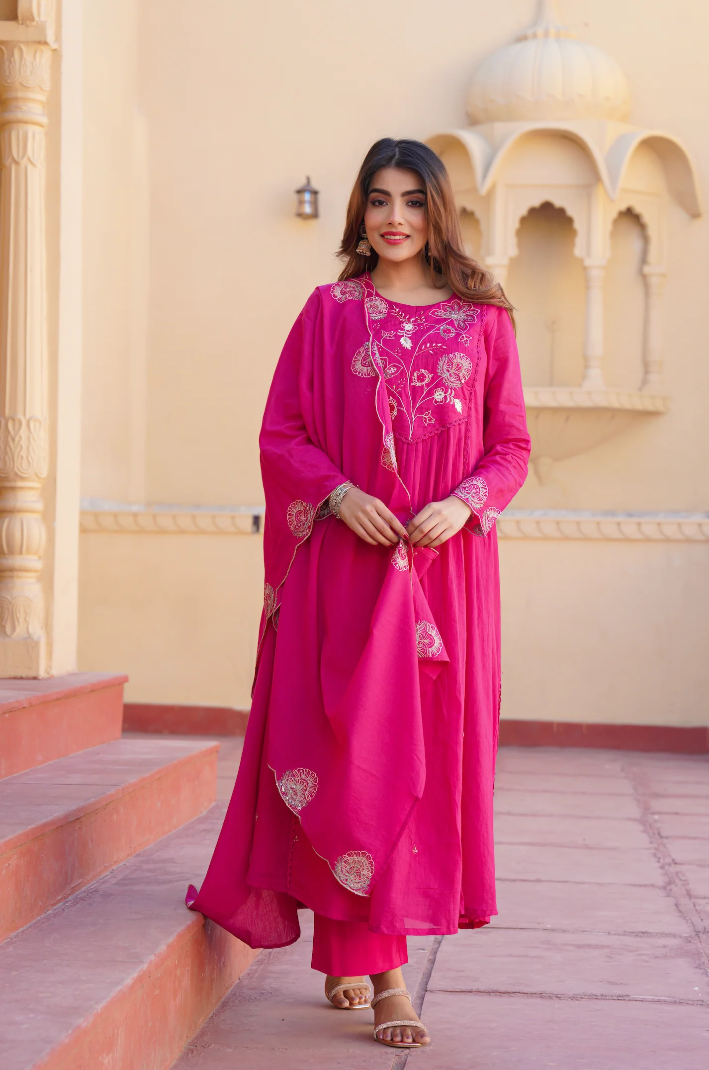 Fuchsia Pink Cotton Embroidered Kurta Suit