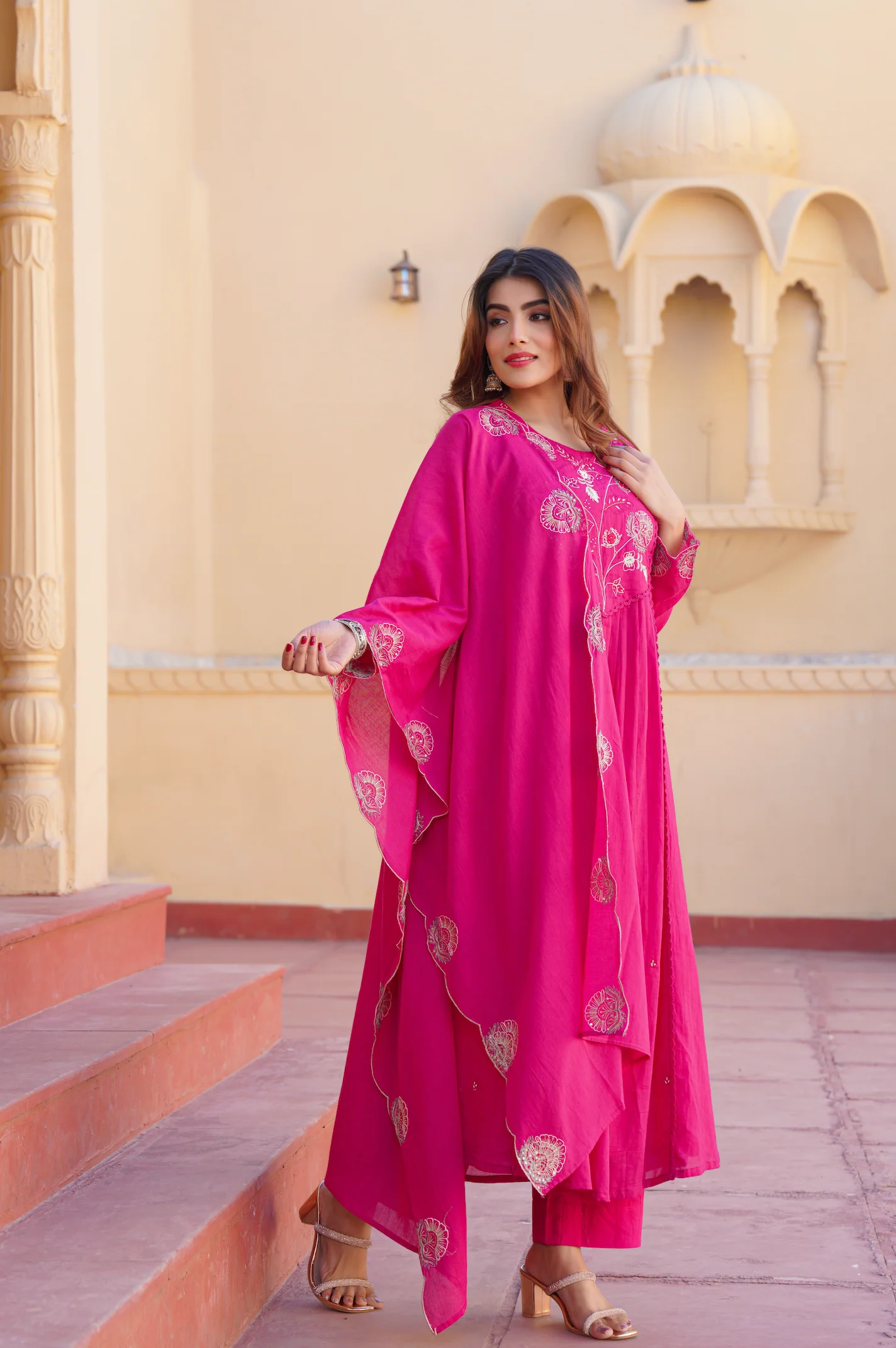 Fuchsia Pink Cotton Embroidered Kurta Suit