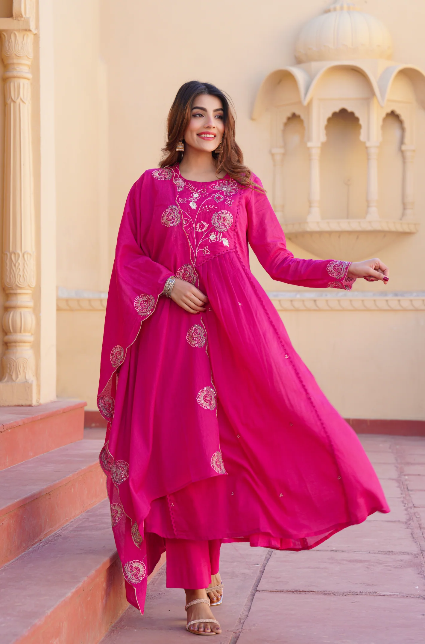 Fuchsia Pink Cotton Embroidered Kurta Suit