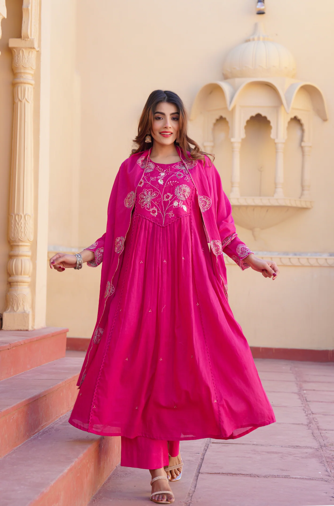 Fuchsia Pink Cotton Embroidered Kurta Suit