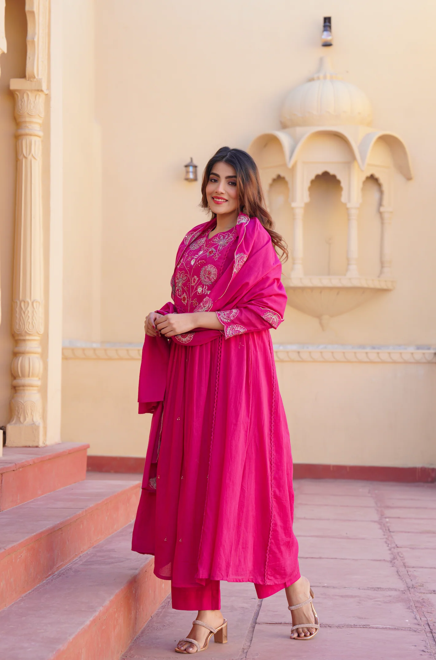 Fuchsia Pink Cotton Embroidered Kurta Suit