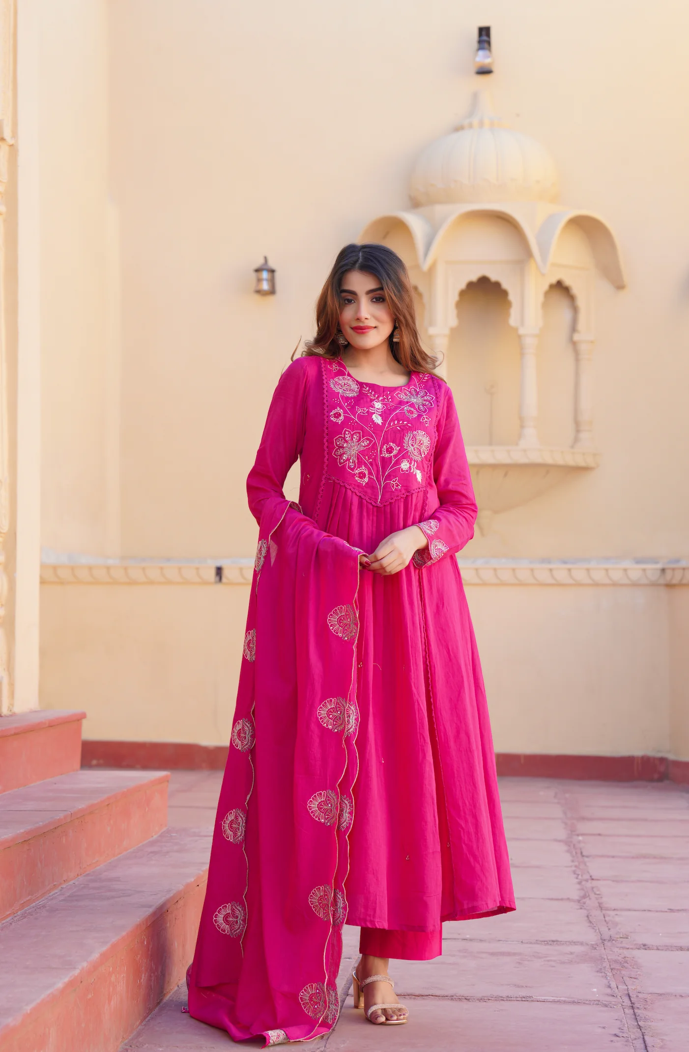 Fuchsia Pink Cotton Embroidered Kurta Suit
