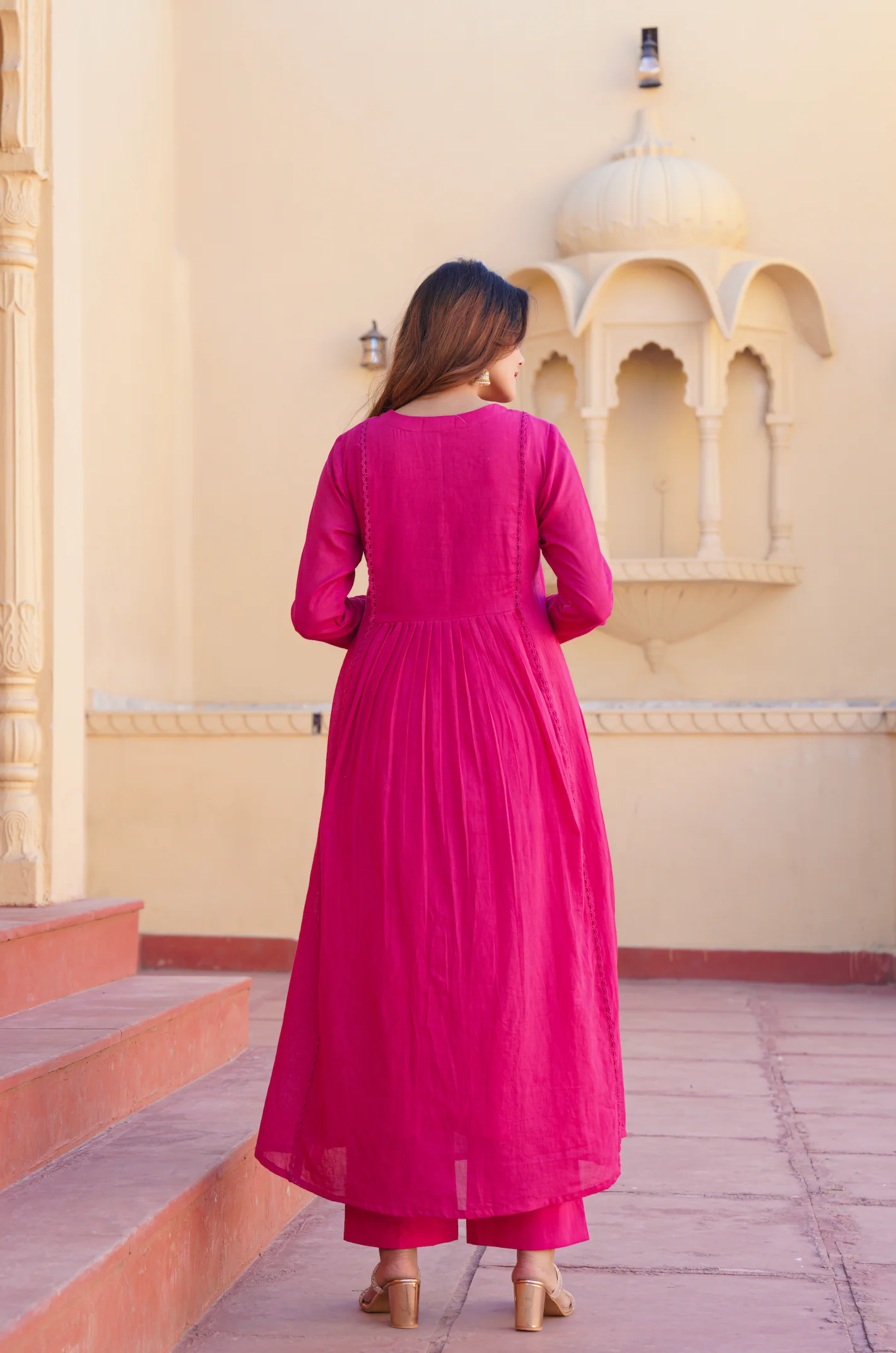 Fuchsia Pink Cotton Embroidered Kurta Suit