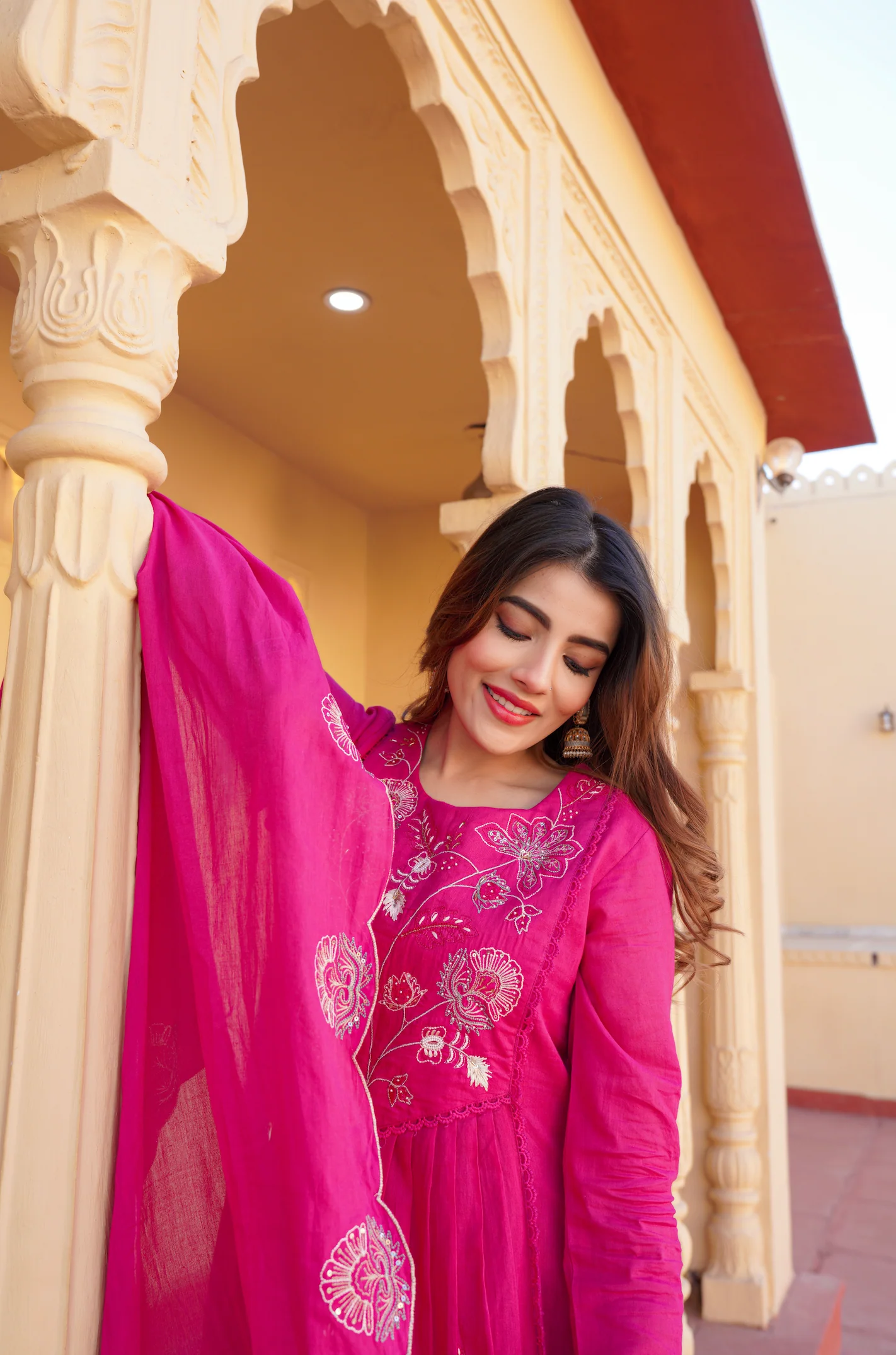 Fuchsia Pink Cotton Embroidered Kurta Suit