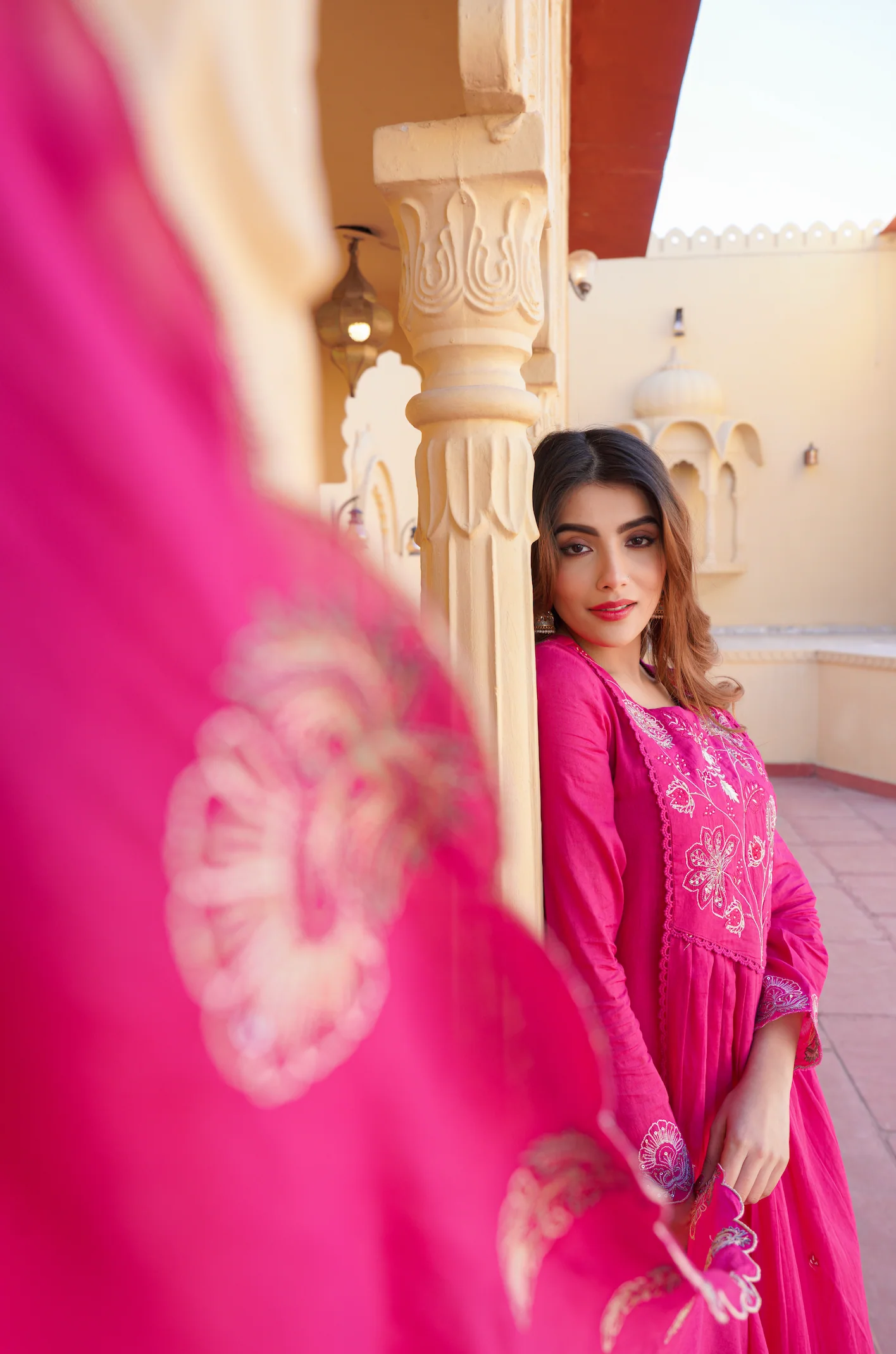Fuchsia Pink Cotton Embroidered Kurta Suit