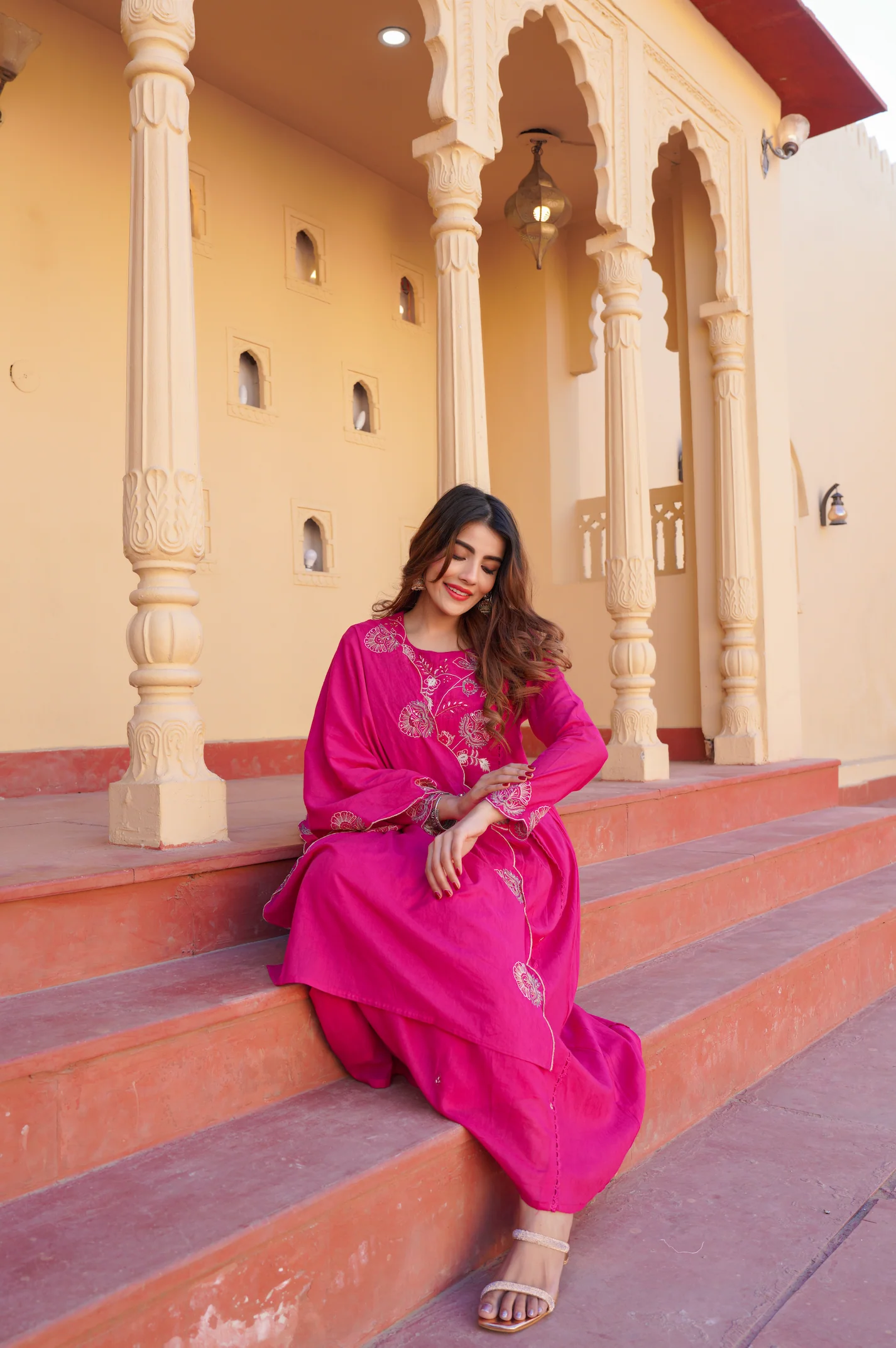 Fuchsia Pink Cotton Embroidered Kurta Suit