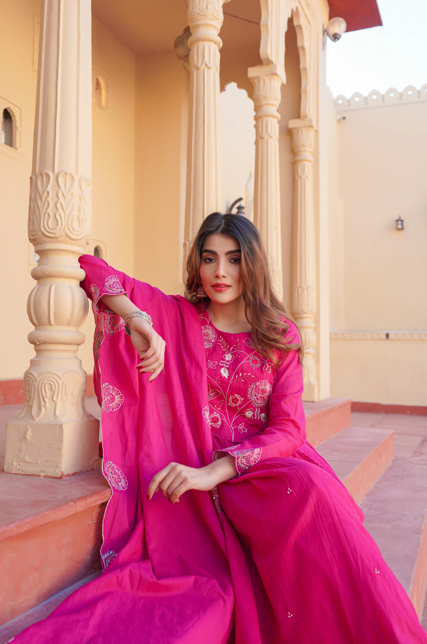 Fuchsia Pink Cotton Embroidered Kurta Suit