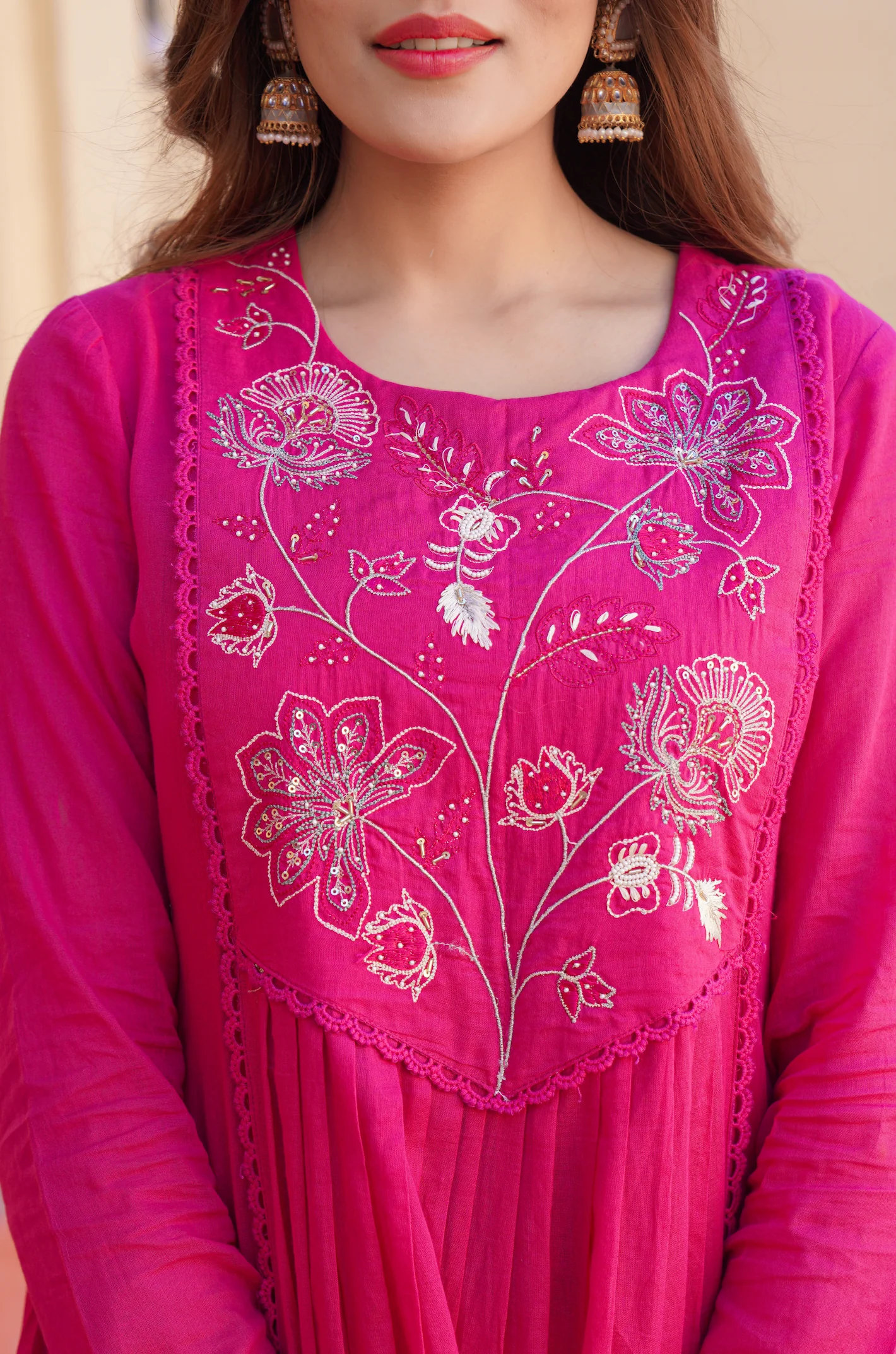Fuchsia Pink Cotton Embroidered Kurta Suit