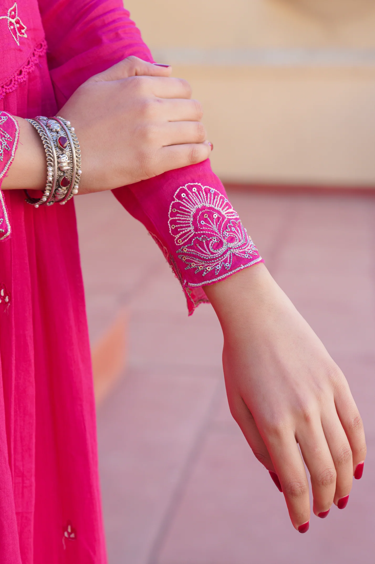 Fuchsia Pink Cotton Embroidered Kurta Suit