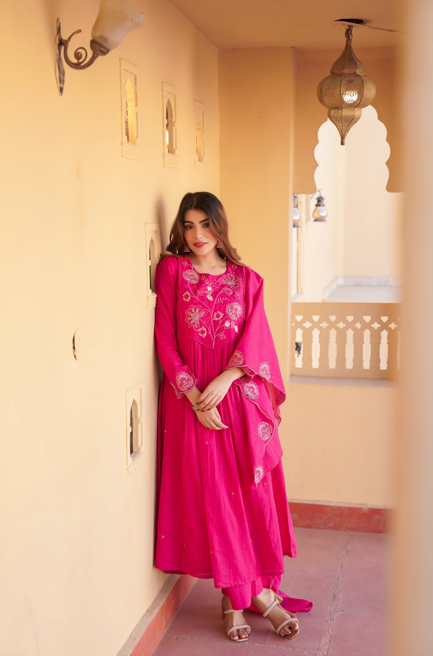 Fuchsia Pink Cotton Embroidered Kurta Suit
