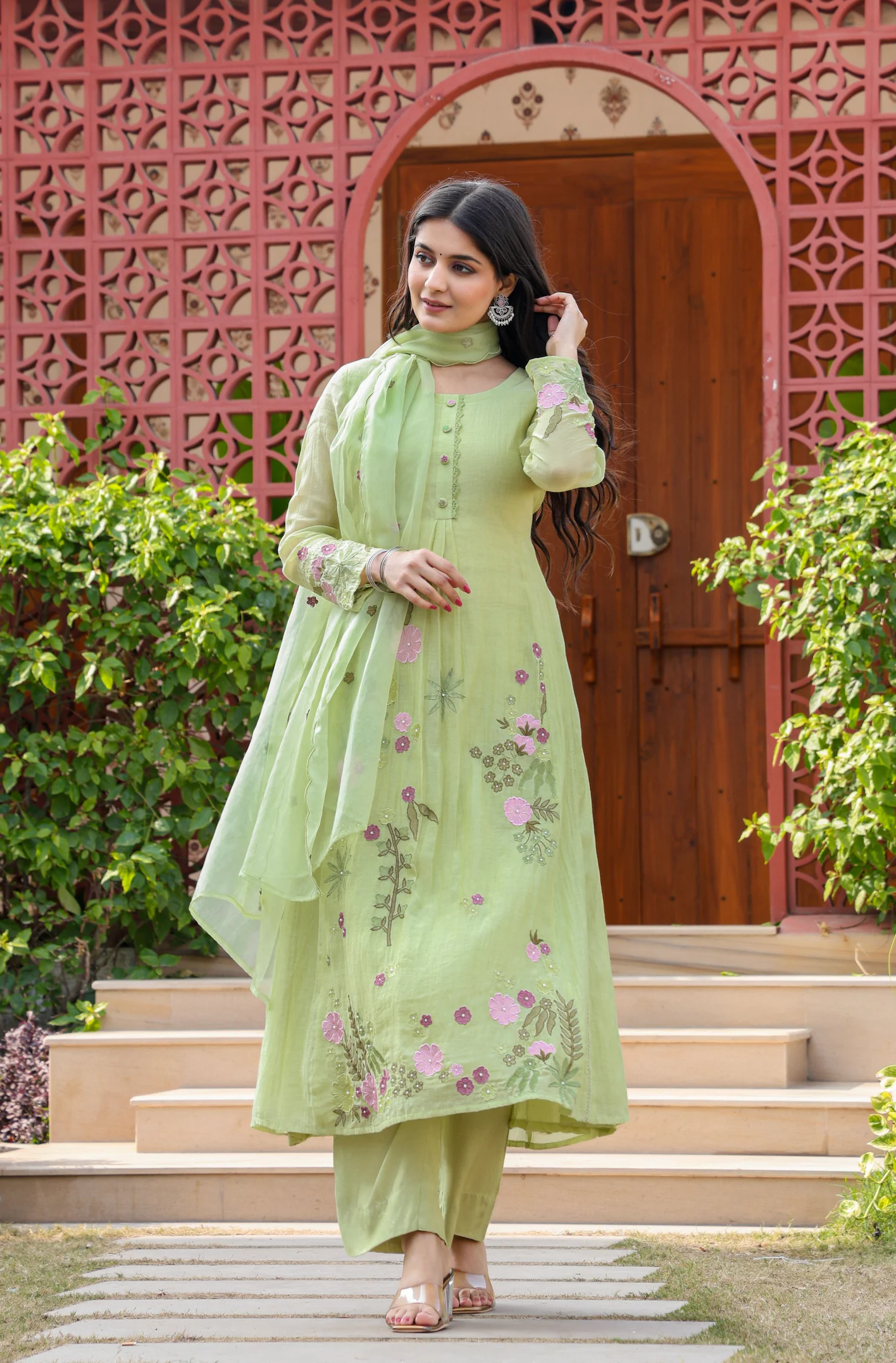 Mul Chenderi Embroidered Applic Work Kurta Pant & Dupatta (2 Colors)