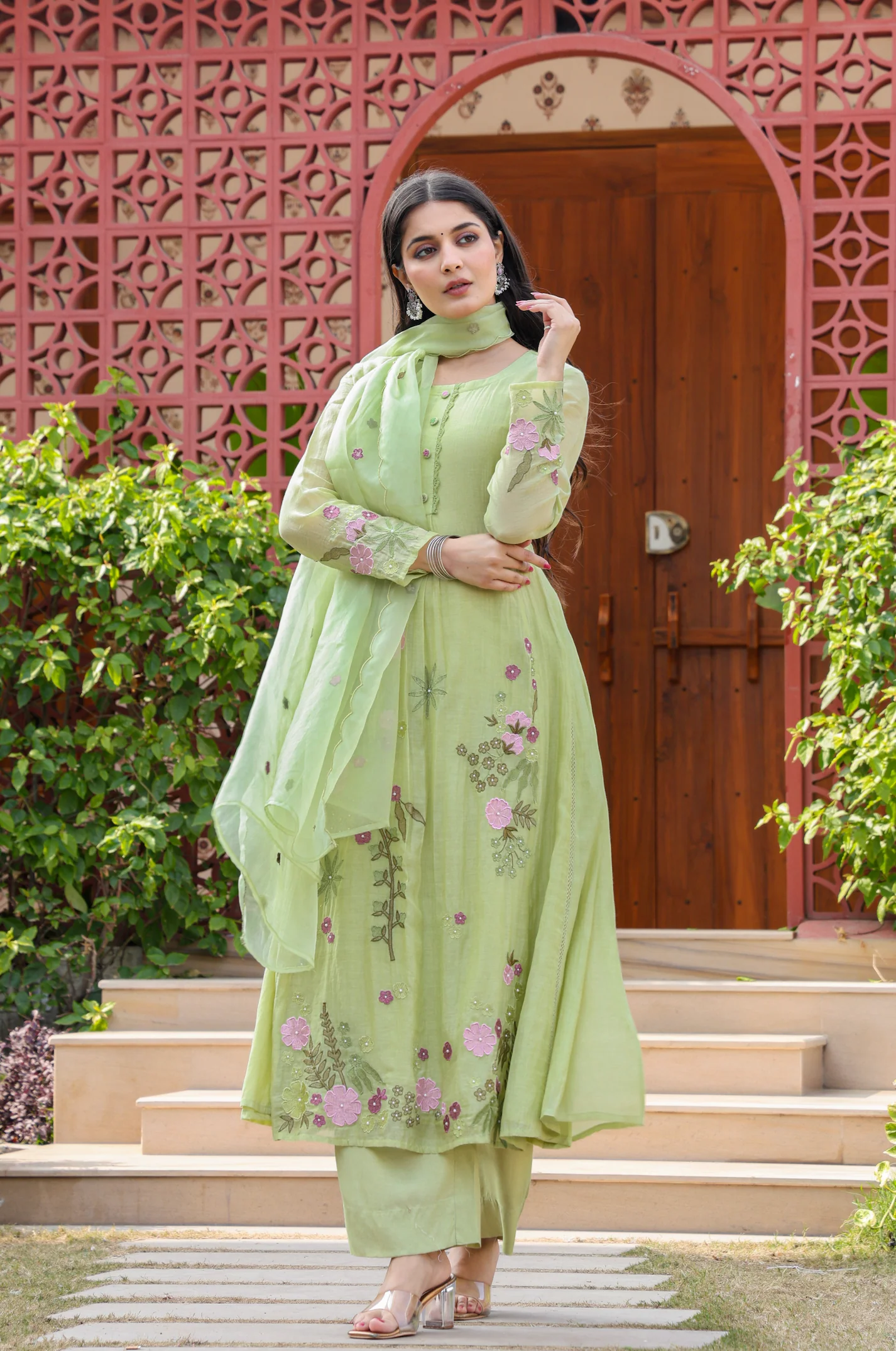 Mul Chenderi Embroidered Applic Work Kurta Pant & Dupatta (2 Colors)