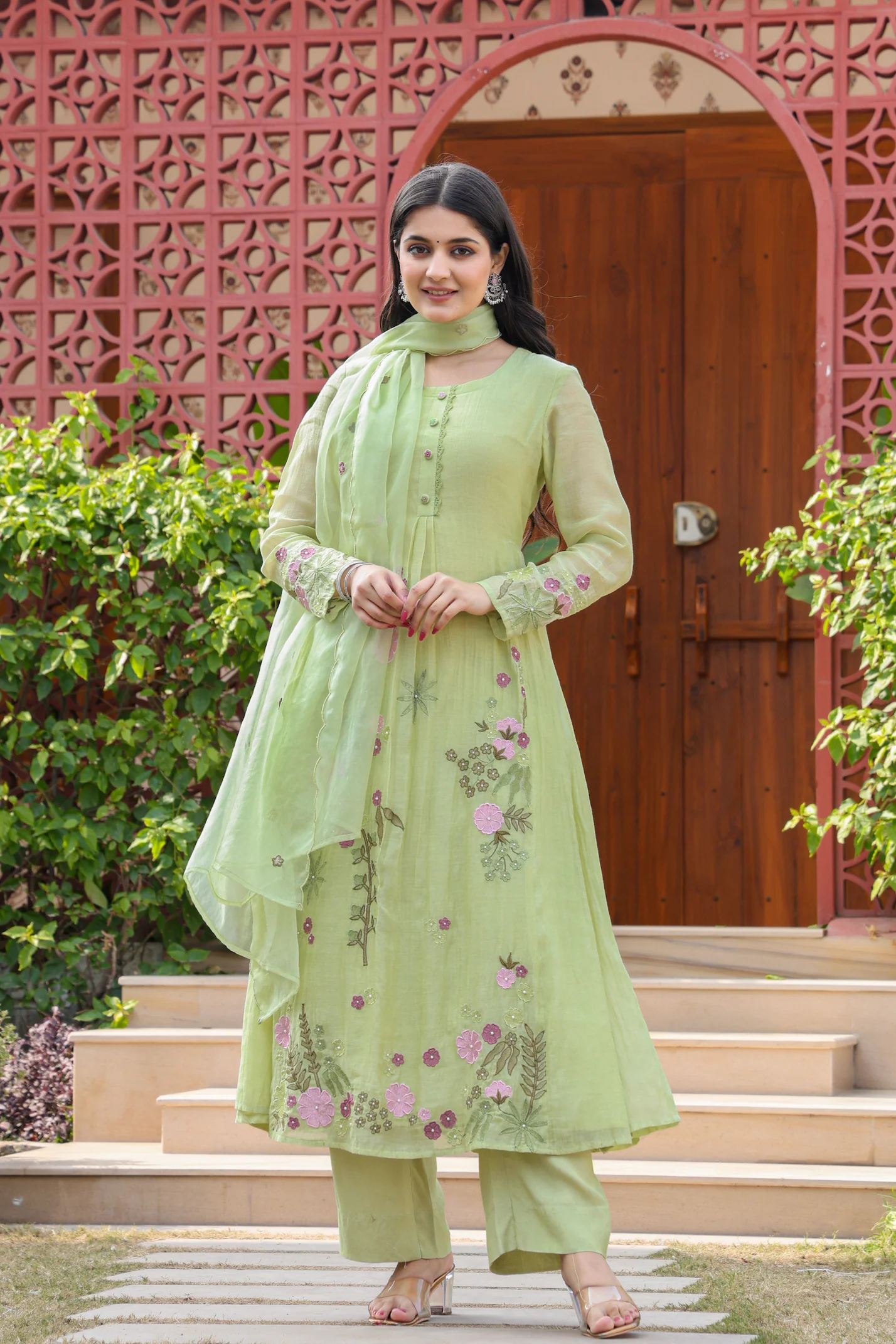 Mul Chenderi Embroidered Applic Work Kurta Pant & Dupatta (2 Colors)