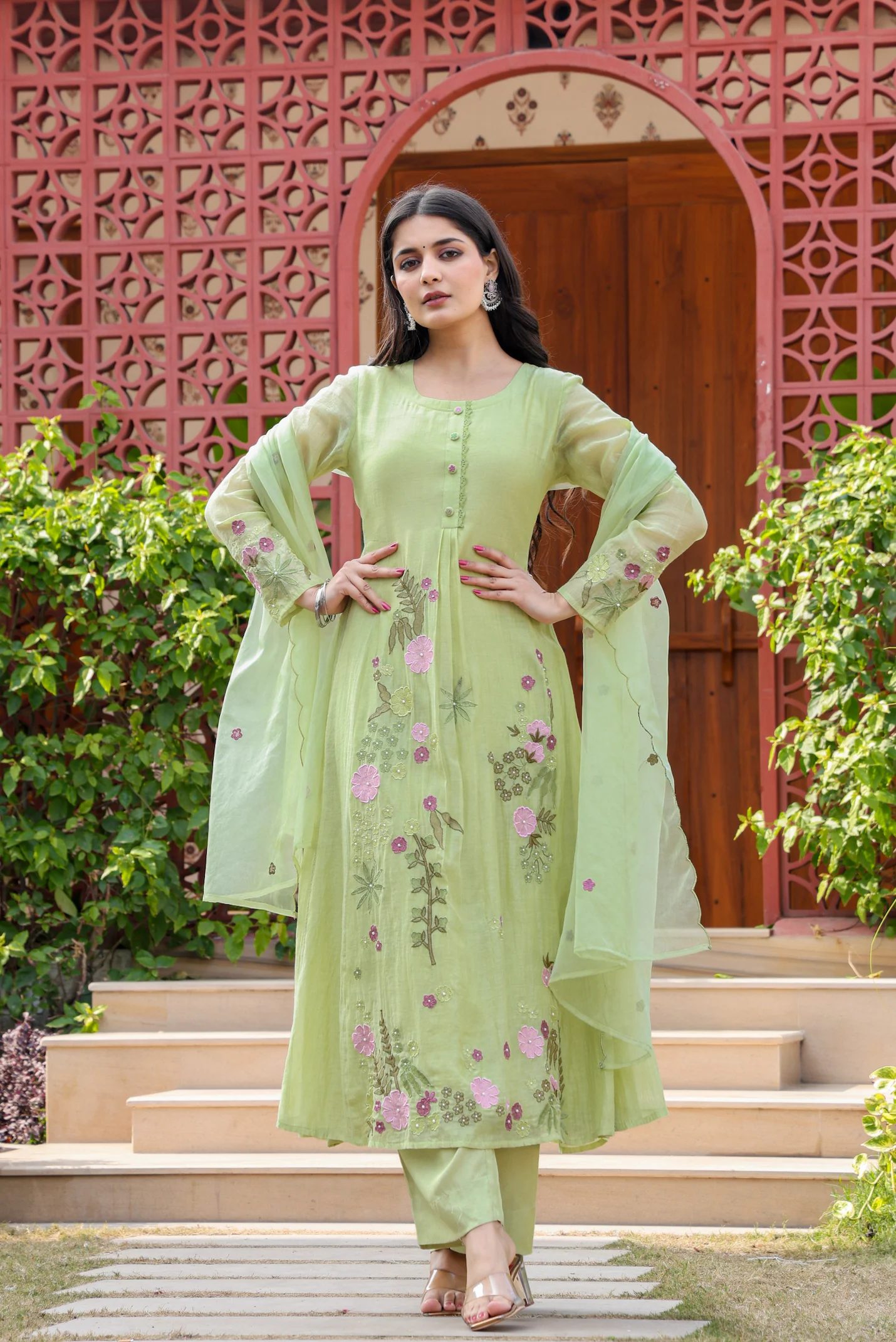 Mul Chenderi Embroidered Applic Work Kurta Pant & Dupatta (2 Colors)