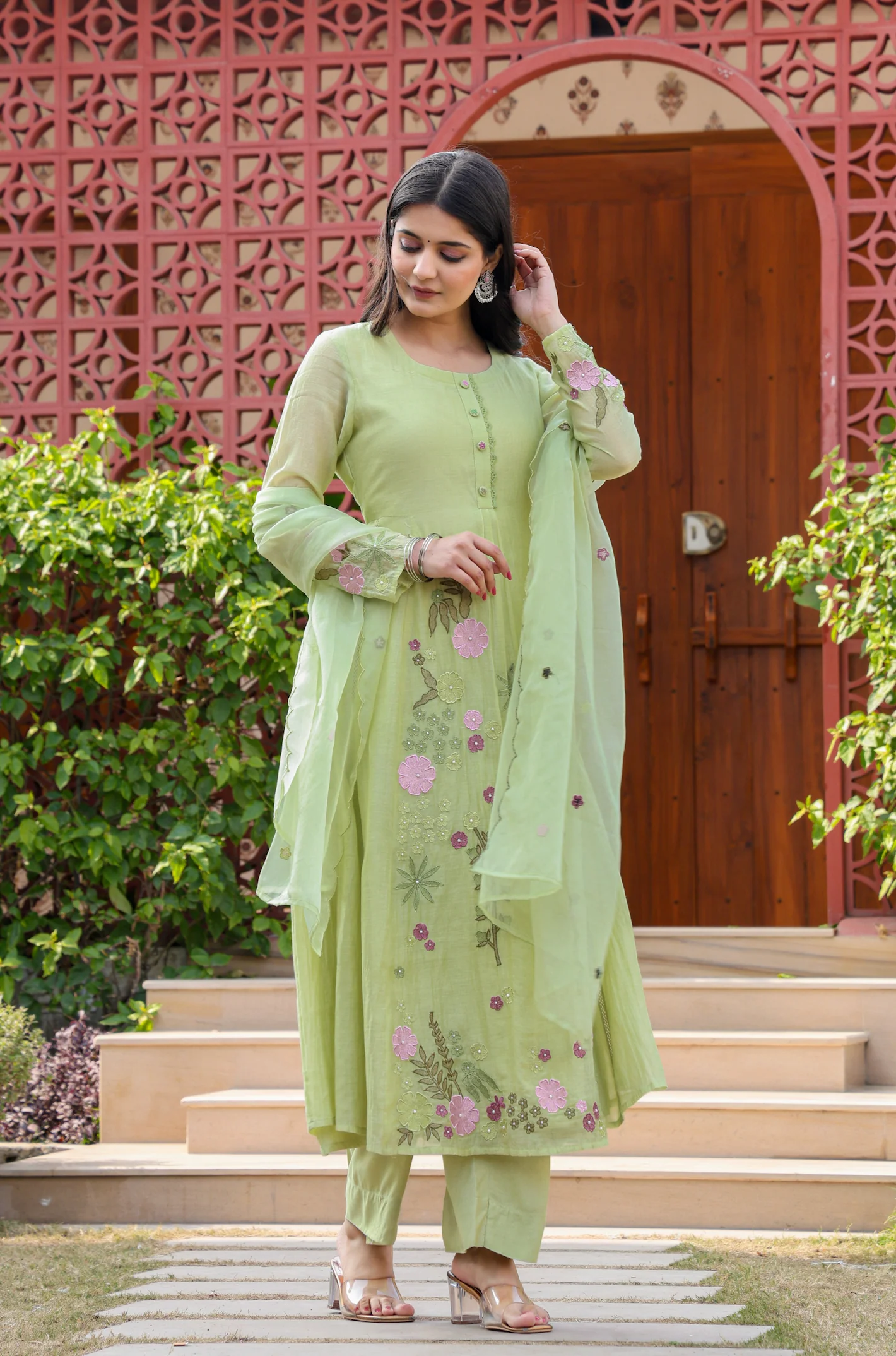 Mul Chenderi Embroidered Applic Work Kurta Pant & Dupatta (2 Colors)