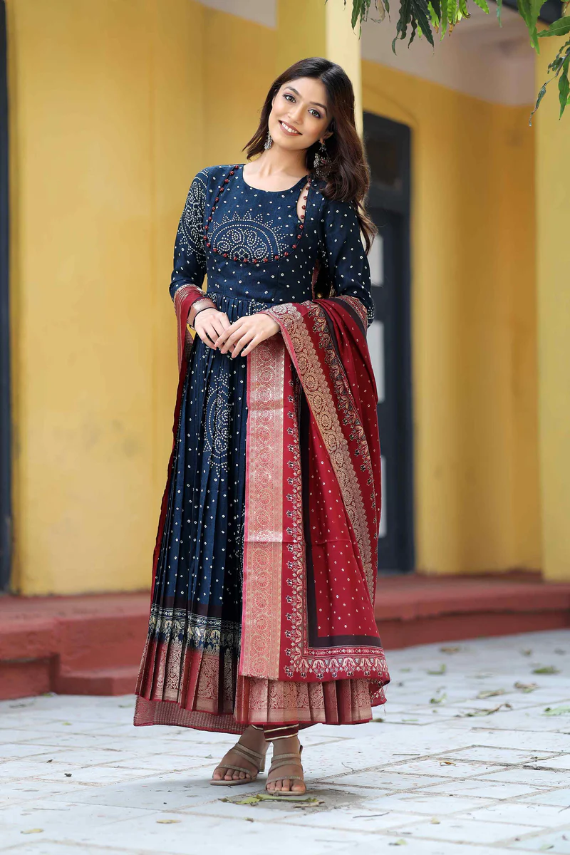 Bandhani Anarkali Suit Set In Navy Blue