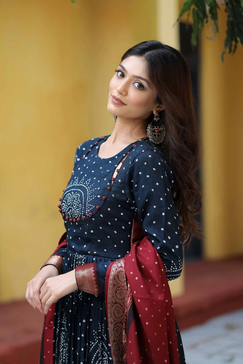 Bandhani Anarkali Suit Set In Navy Blue