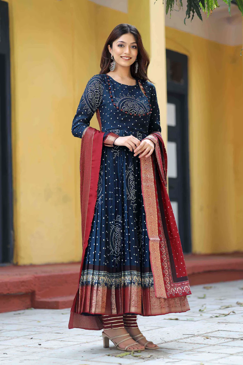 Bandhani Anarkali Suit Set In Navy Blue