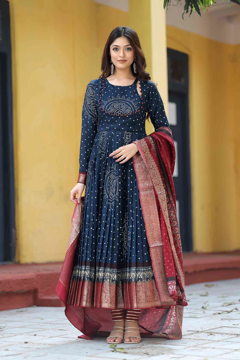 Bandhani Anarkali Suit Set In Navy Blue
