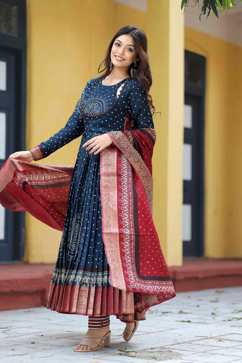 Bandhani Anarkali Suit Set In Navy Blue