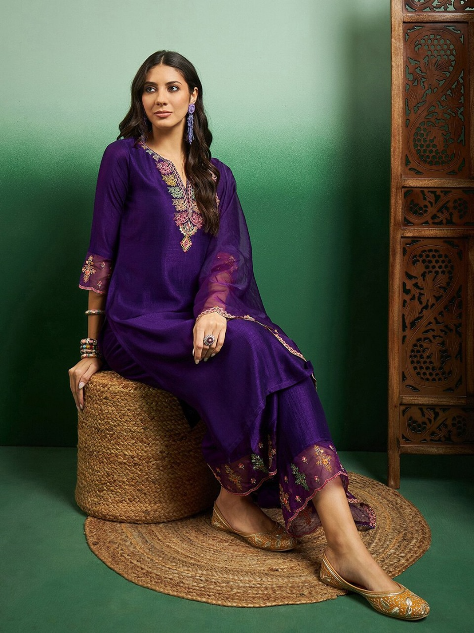 Violet Chanderi Embroidered Kurta Pant & Dupatta- Only One Left