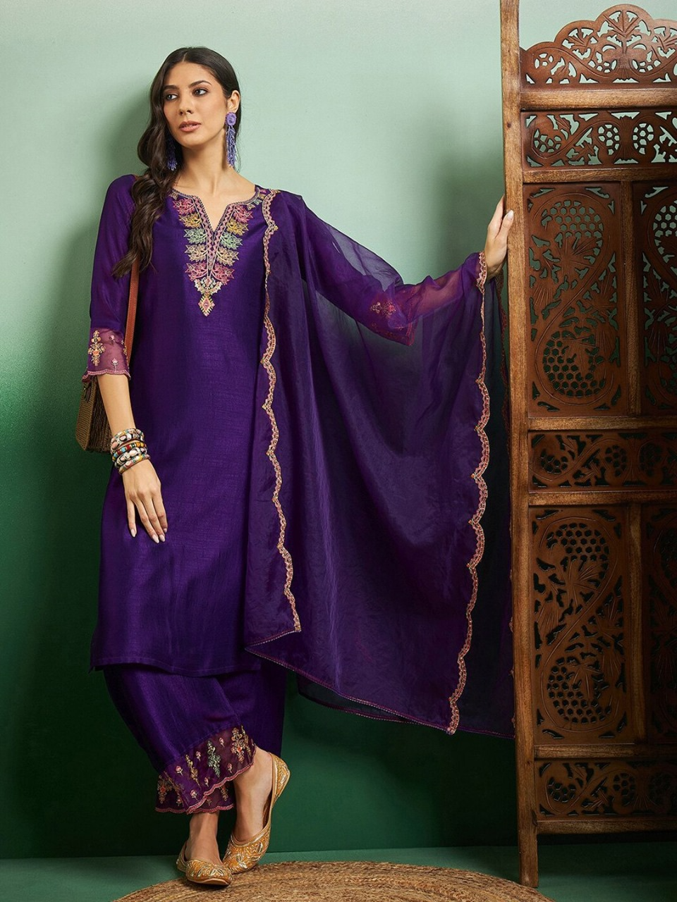 Violet Chanderi Embroidered Kurta Pant & Dupatta- Only One Left