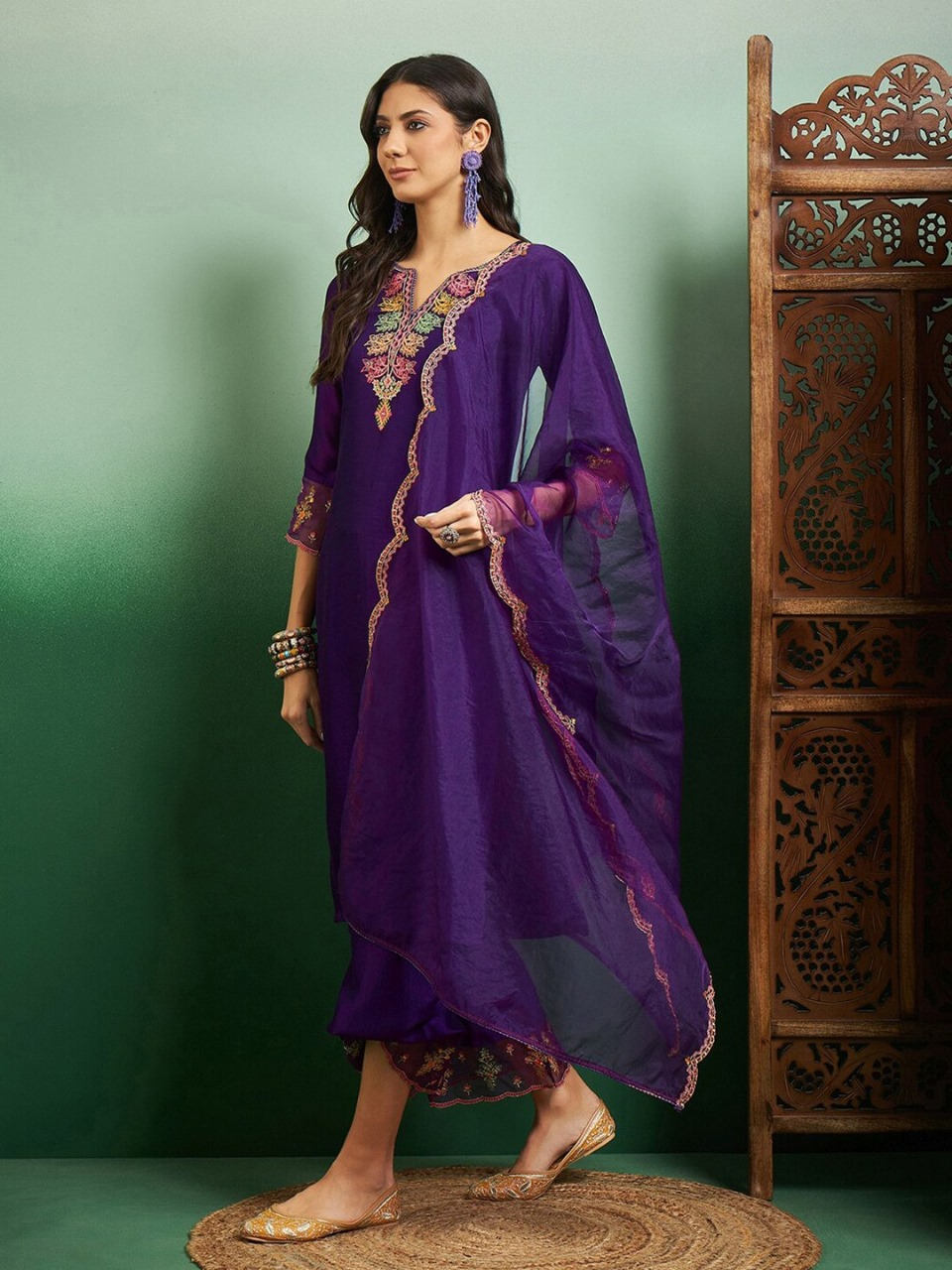 Violet Chanderi Embroidered Kurta Pant & Dupatta- Only One Left