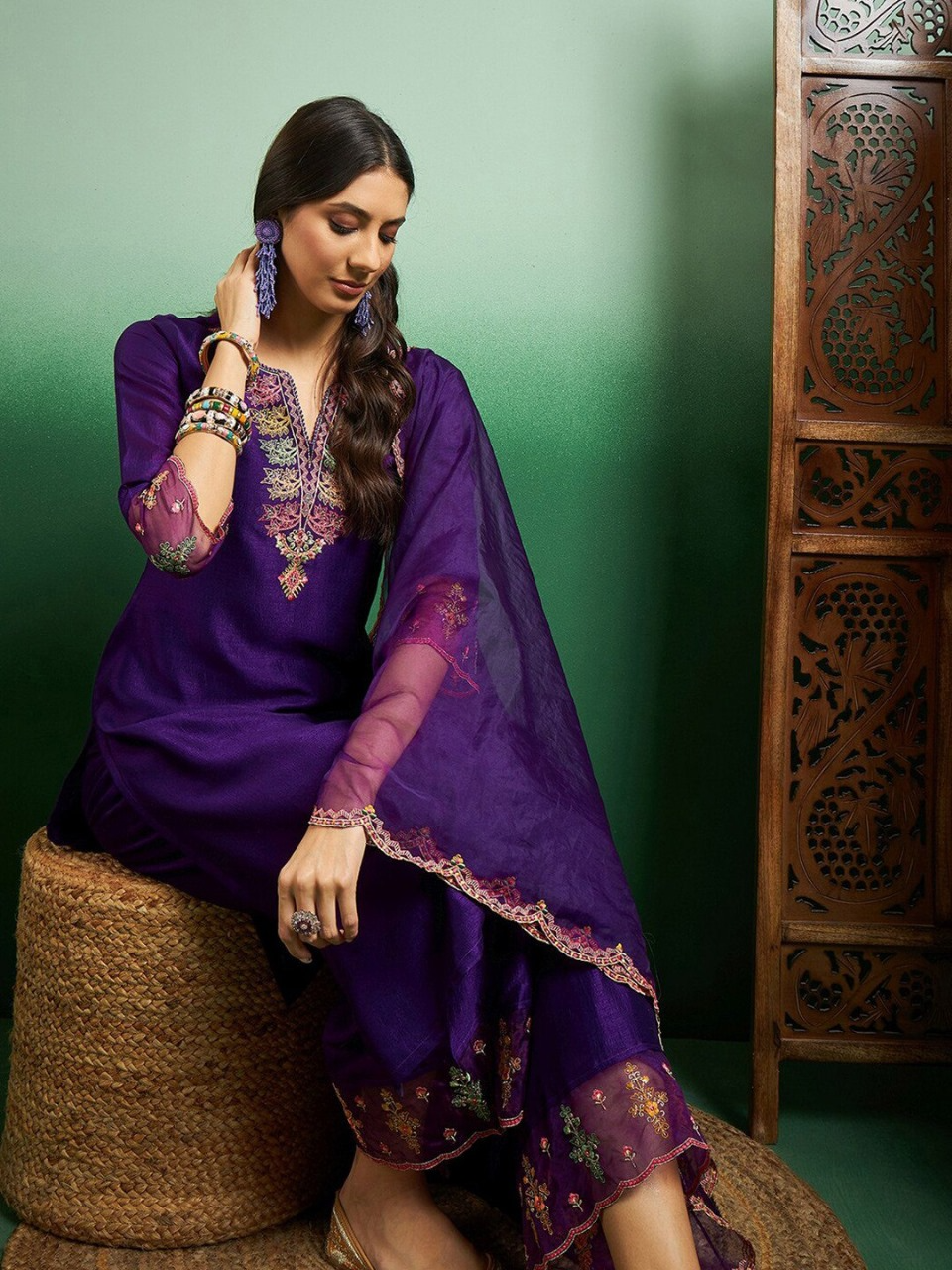 Violet Chanderi Embroidered Kurta Pant & Dupatta- Only One Left