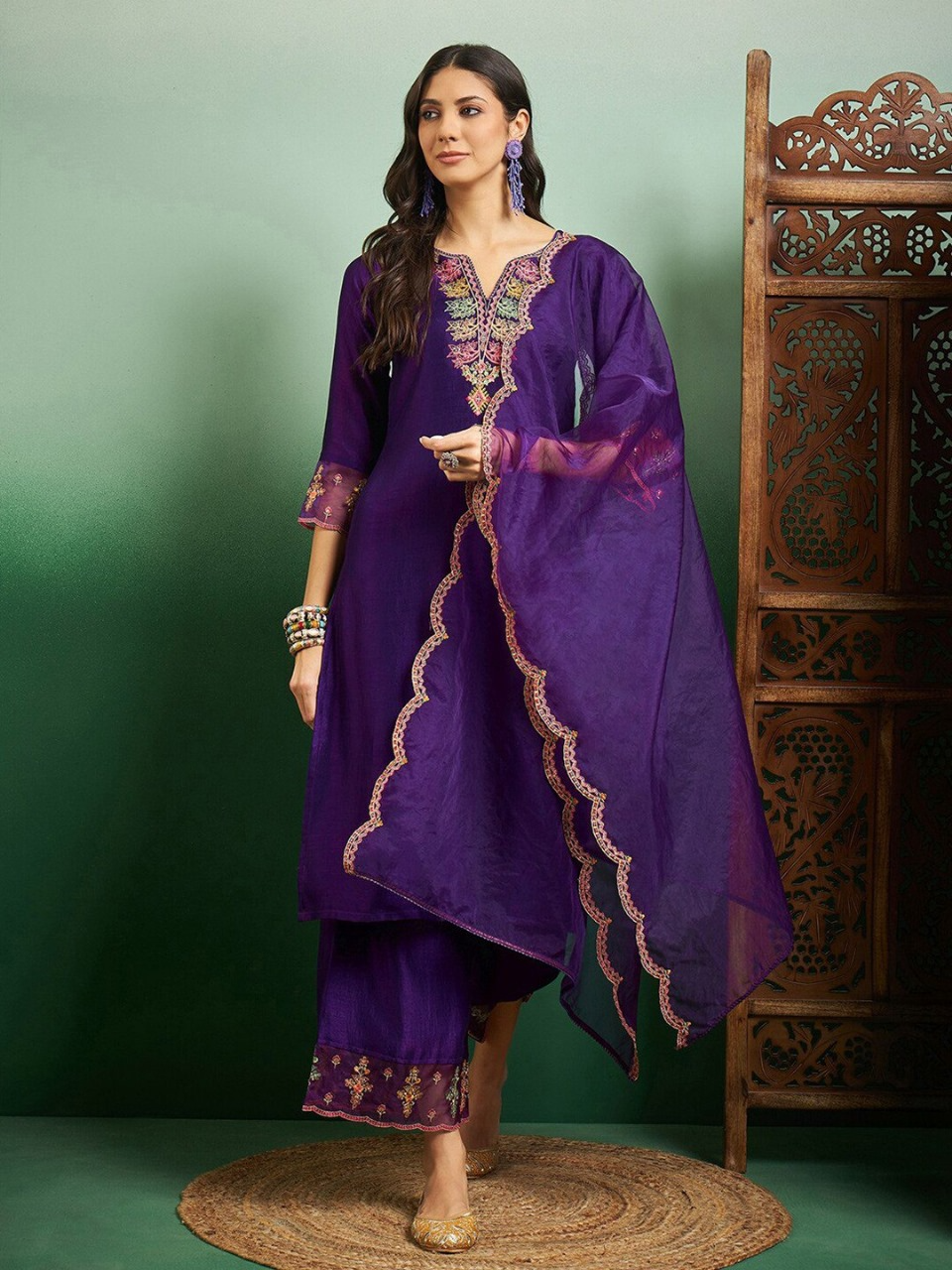 Violet Chanderi Embroidered Kurta Pant & Dupatta- Only One Left