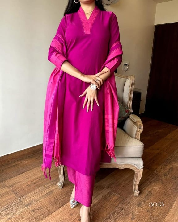 South Handloom Golden Self Zari Border Self Thread Kurti Pant & Dupatta