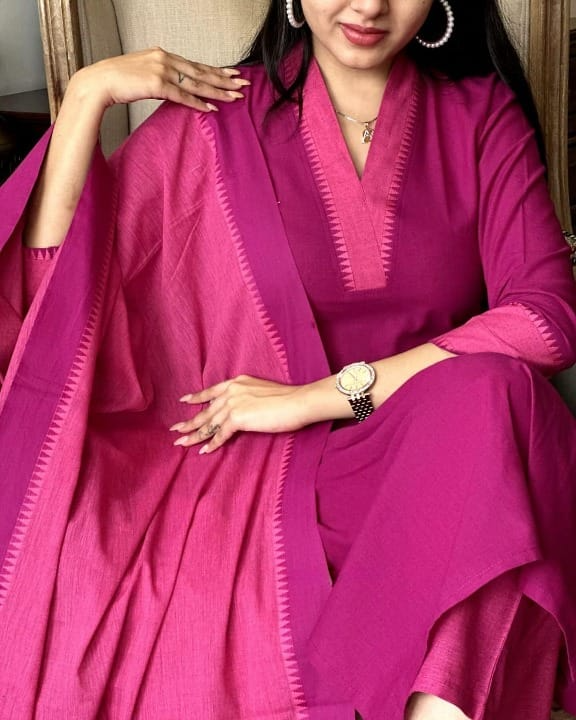 South Handloom Golden Self Zari Border Self Thread Kurti Pant & Dupatta
