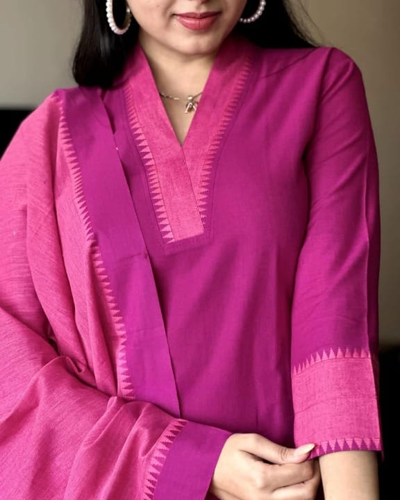 South Handloom Golden Self Zari Border Self Thread Kurti Pant & Dupatta
