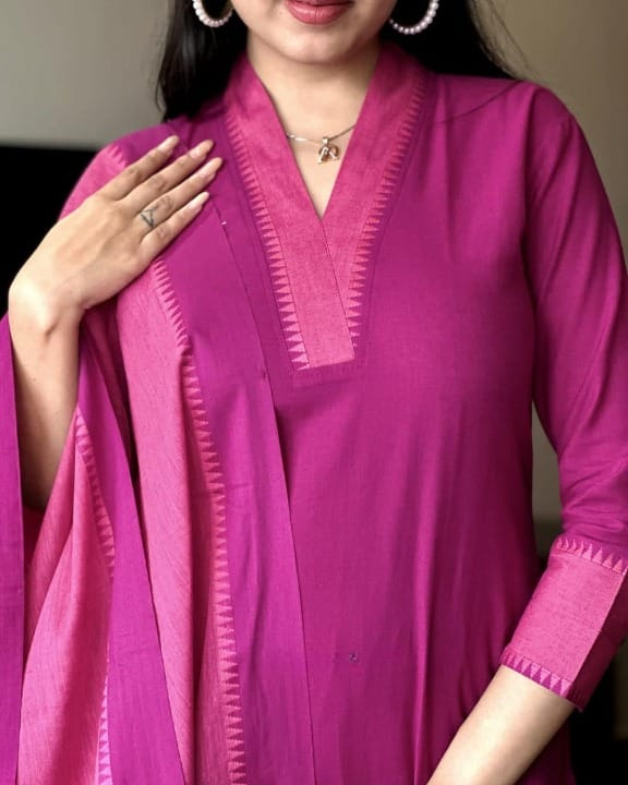 South Handloom Golden Self Zari Border Self Thread Kurti Pant & Dupatta