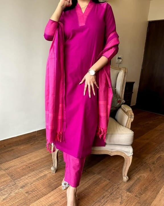 South Handloom Golden Self Zari Border Self Thread Kurti Pant & Dupatta