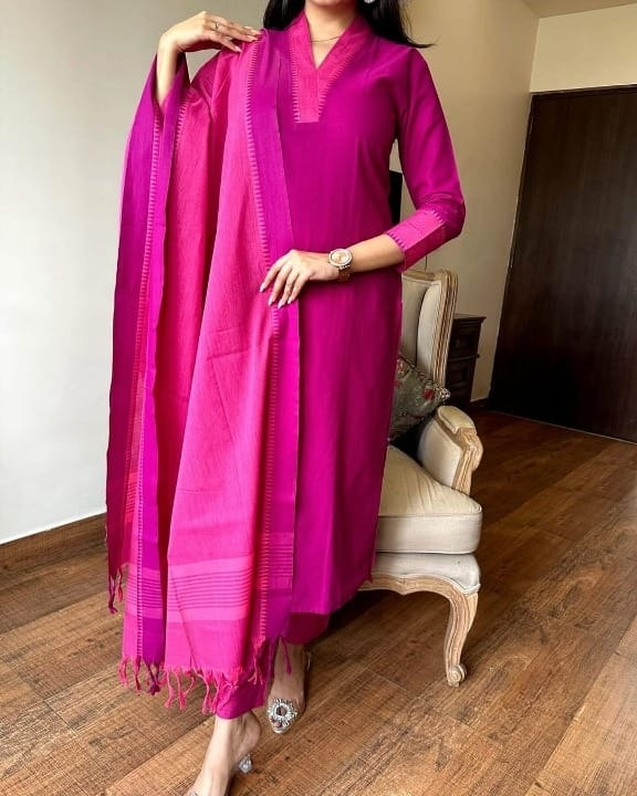 South Handloom Golden Self Zari Border Self Thread Kurti Pant & Dupatta