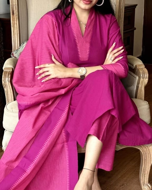 South Handloom Golden Self Zari Border Self Thread Kurti Pant & Dupatta