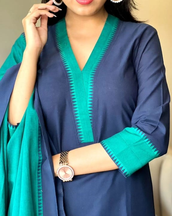 South Cotton Self Thread Hand Loom Butti Kurta Pant & Dupatta With Temple Border