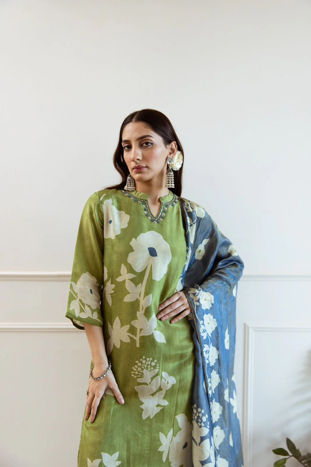 Cotton Floral Hand Work Kurti Pant & Mul Mul Dupatta