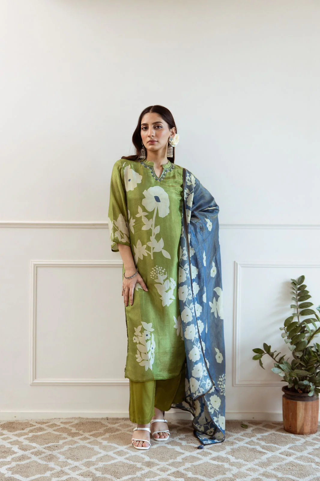 Cotton Floral Hand Work Kurti Pant & Mul Mul Dupatta