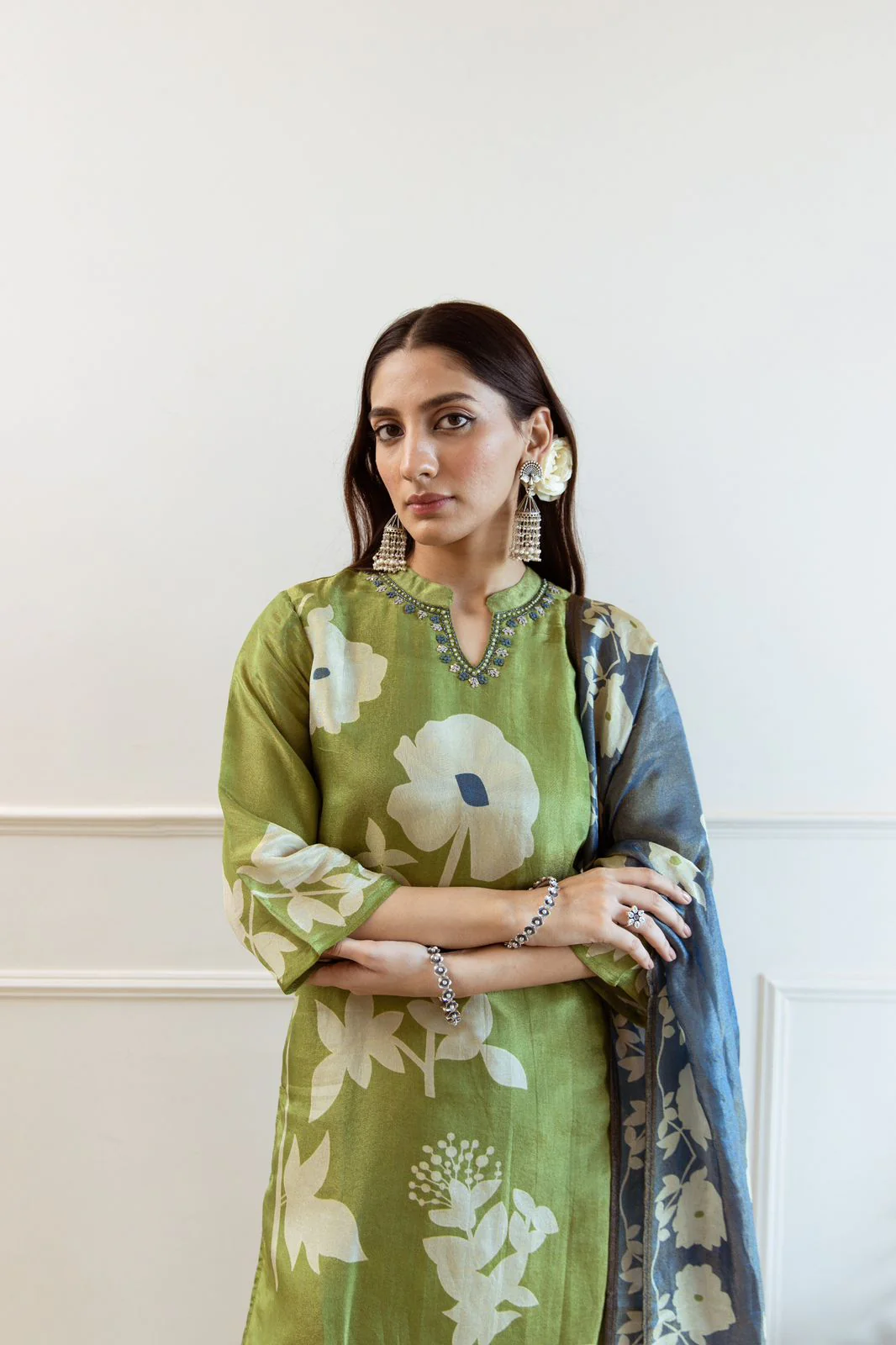 Cotton Floral Hand Work Kurti Pant & Mul Mul Dupatta