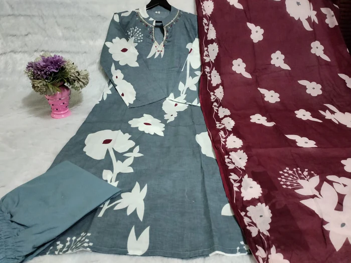 Beautiful Cotton Floral Printed Kurti Pant Dupatta Set (2 Colors)