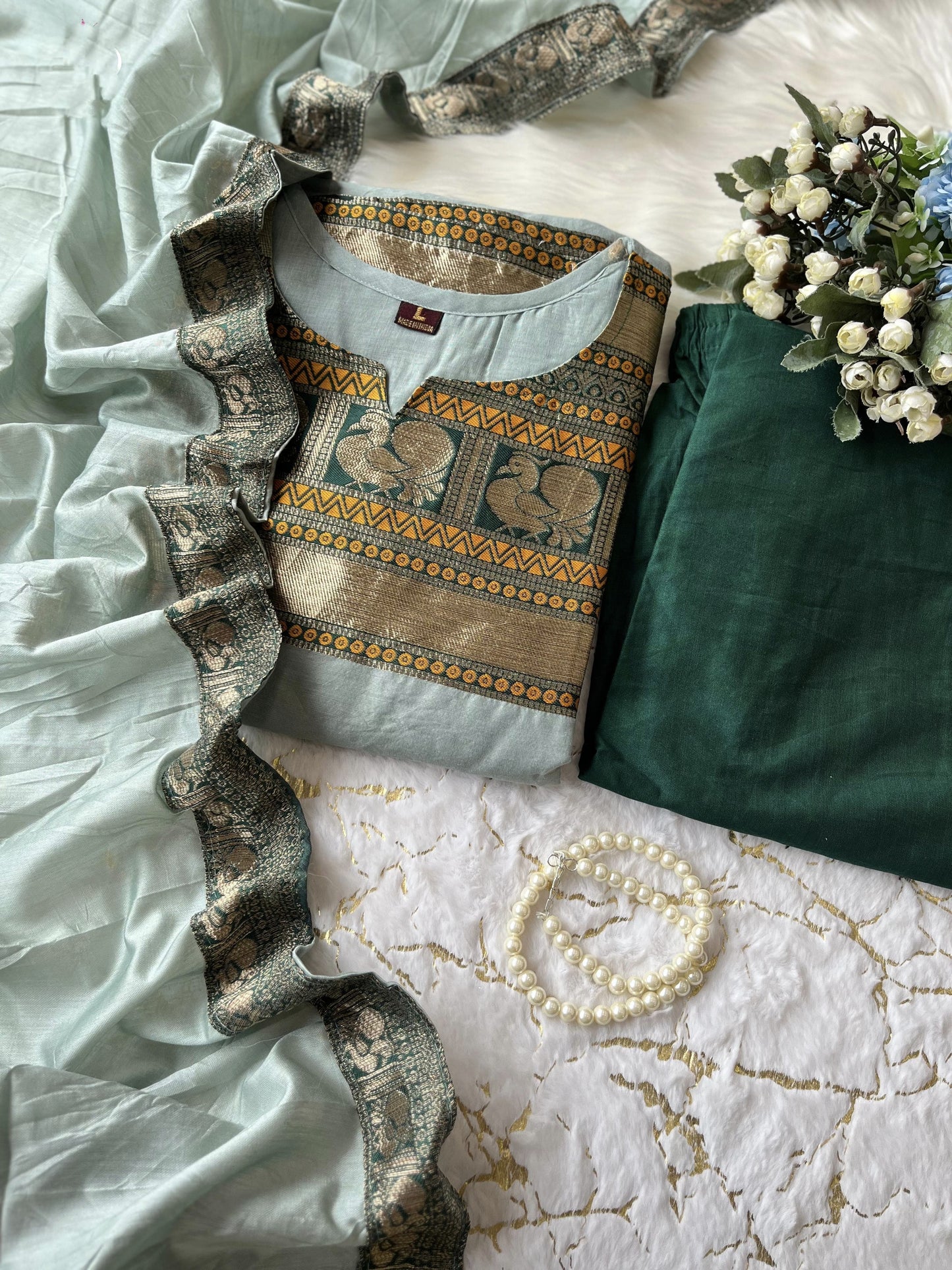 Pastel Green Kanchi Cotton South Cultural Designed Kurta Pant & Dupatta