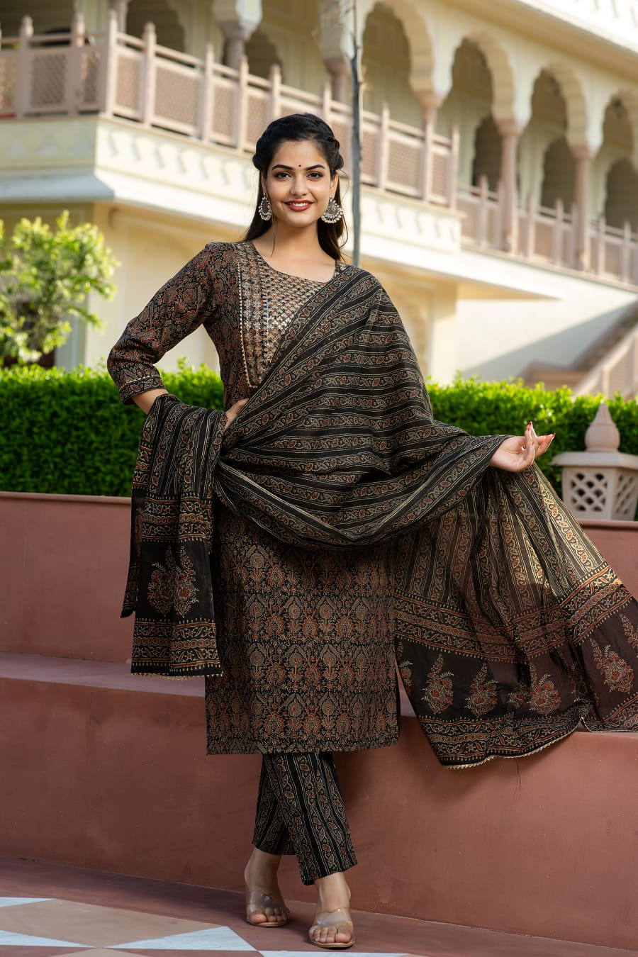 Cotton Ajrakh Printed Sequence Adda & Embroidered Kurta Pant & Dupatta