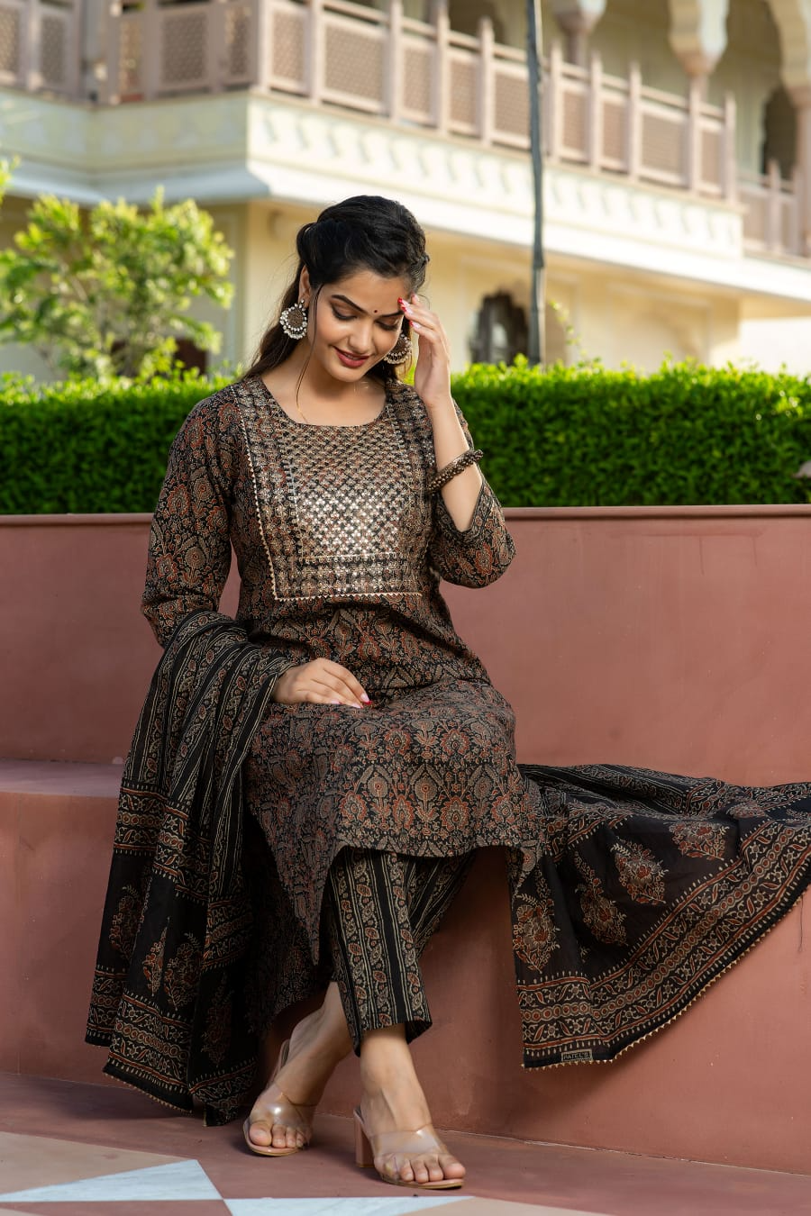 Cotton Ajrakh Printed Sequence Adda & Embroidered Kurta Pant & Dupatta